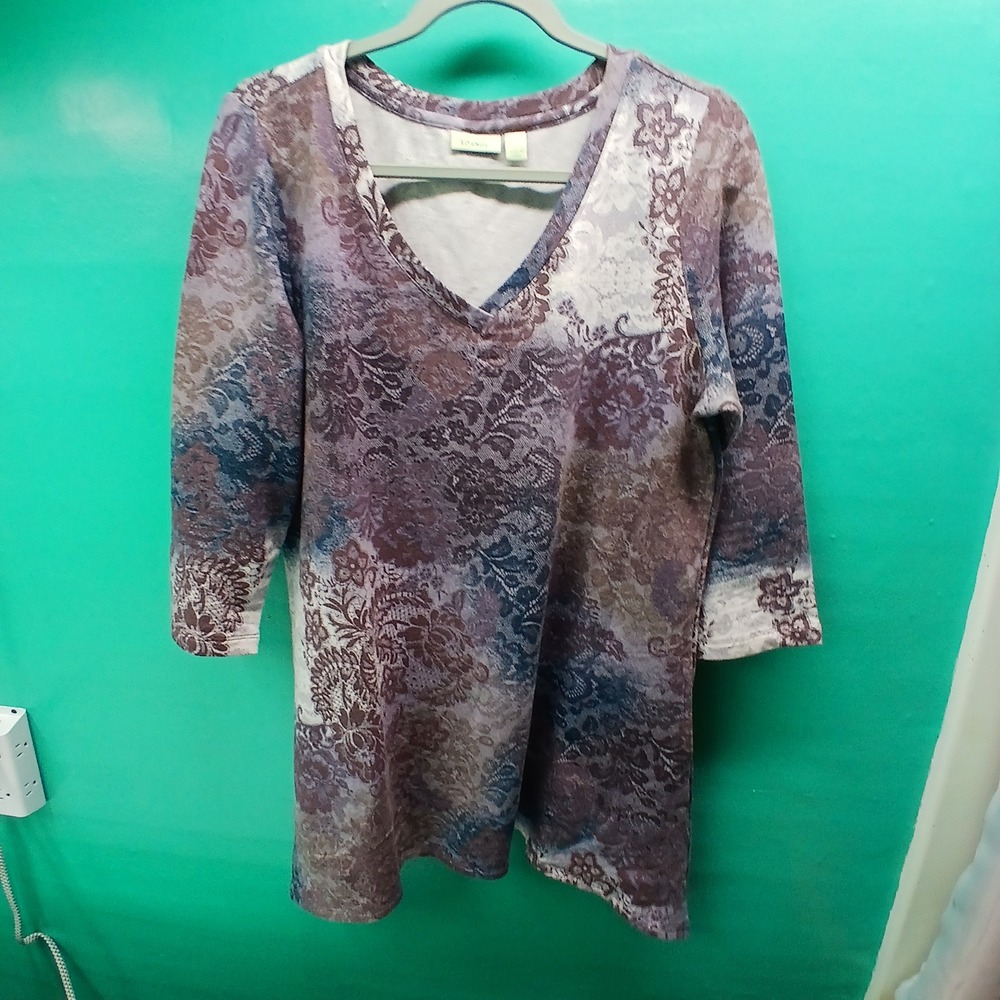 Logo Lounge Tunic Top Size M Purple Blue Paisley Boho V-Neck 3/4‎ Sleeve Comfort